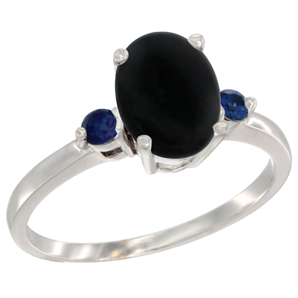10K White Gold Natural Black Onyx Ring Oval 9x7 mm Blue Sapphire Accent, sizes 5 to 10