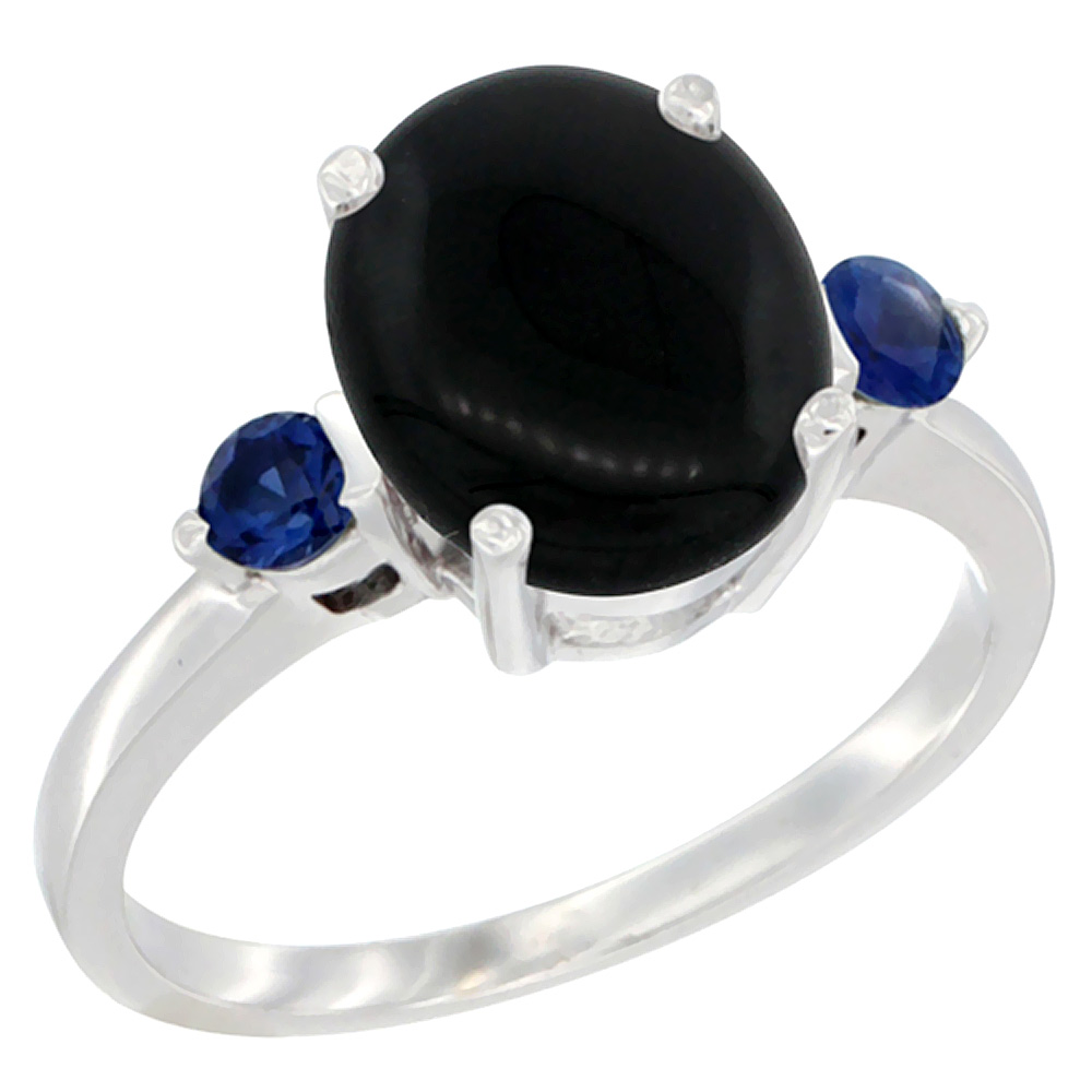 14K White Gold 10x8mm Oval Natural Black Onyx Ring for Women Blue Sapphire Side-stones sizes 5 - 10