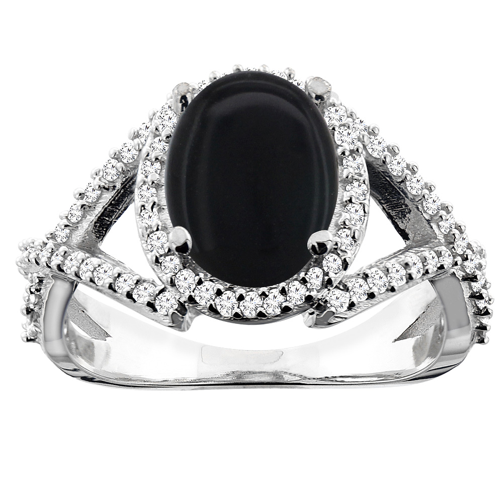 14K White/Yellow/Rose Gold Natural Black Onyx Ring Oval 10x8mm Diamond Accent, sizes 5 - 10