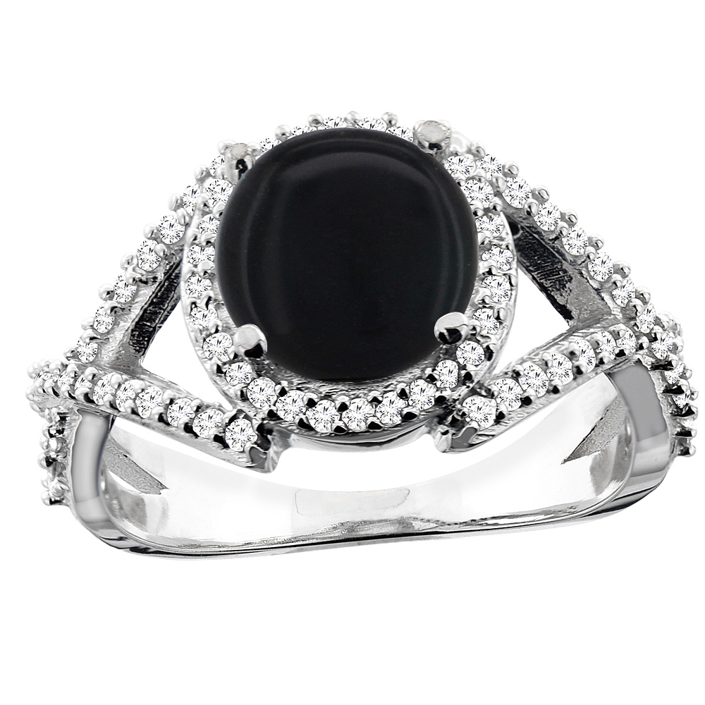 14K White/Yellow/Rose Gold Natural Black Onyx Ring Round 8mm Diamond Accent, size 5