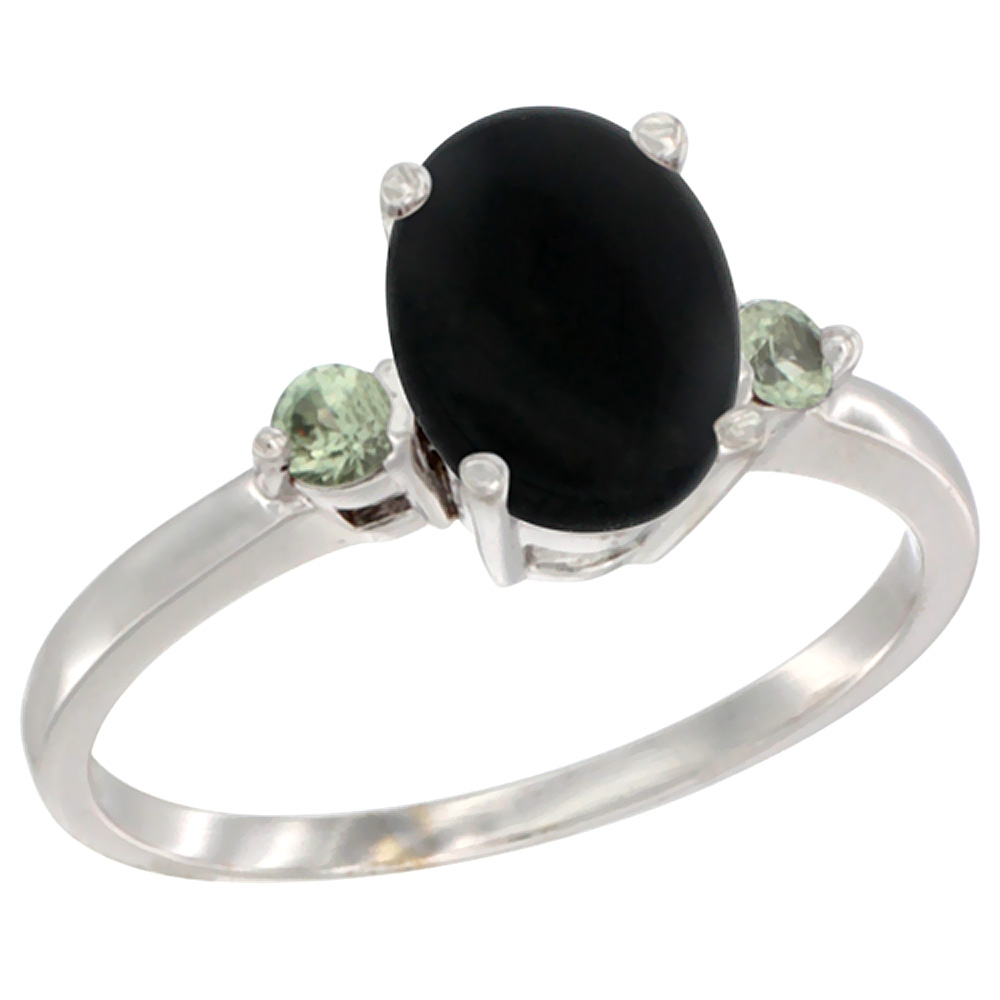 10K White Gold Natural Black Onyx Ring Oval 9x7 mm Green Sapphire Accent, sizes 5 to 10