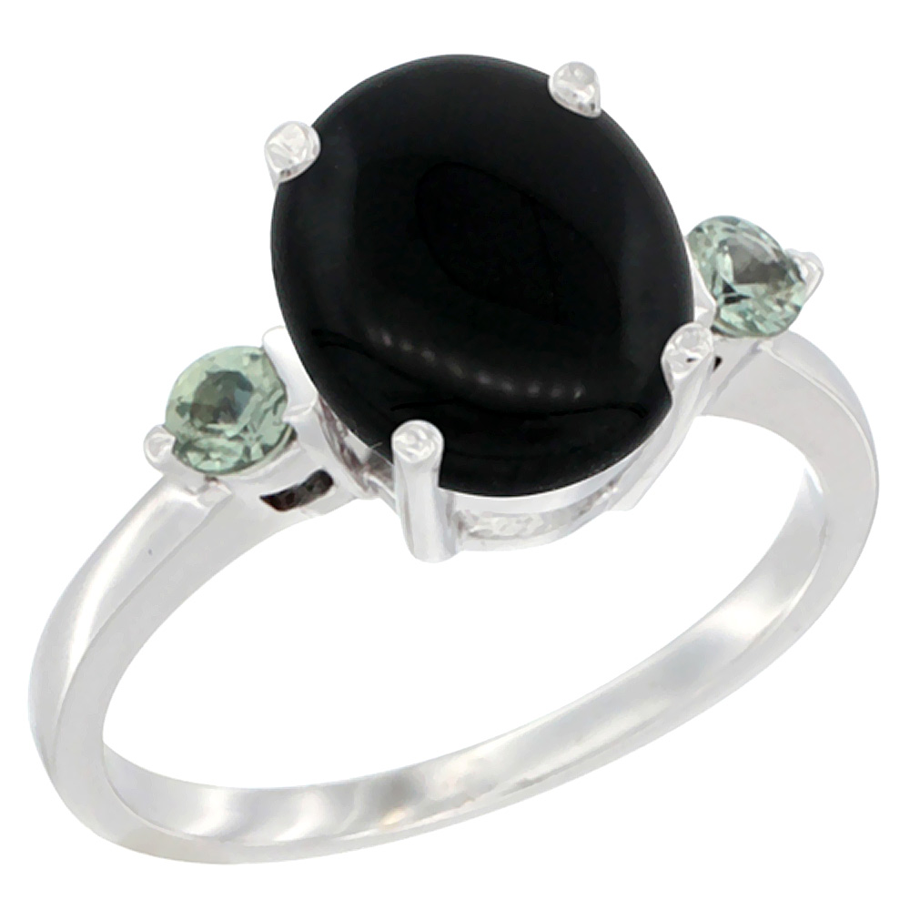10K White Gold 10x8mm Oval Natural Black Onyx Ring for Women Green Sapphire Side-stones sizes 5 - 10
