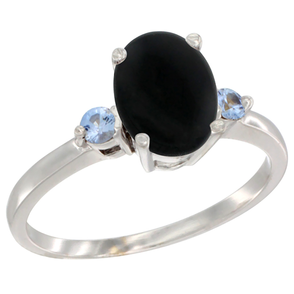 14K White Gold Natural Black Onyx Ring Oval 9x7 mm Light Blue Sapphire Accent, sizes 5 to 10