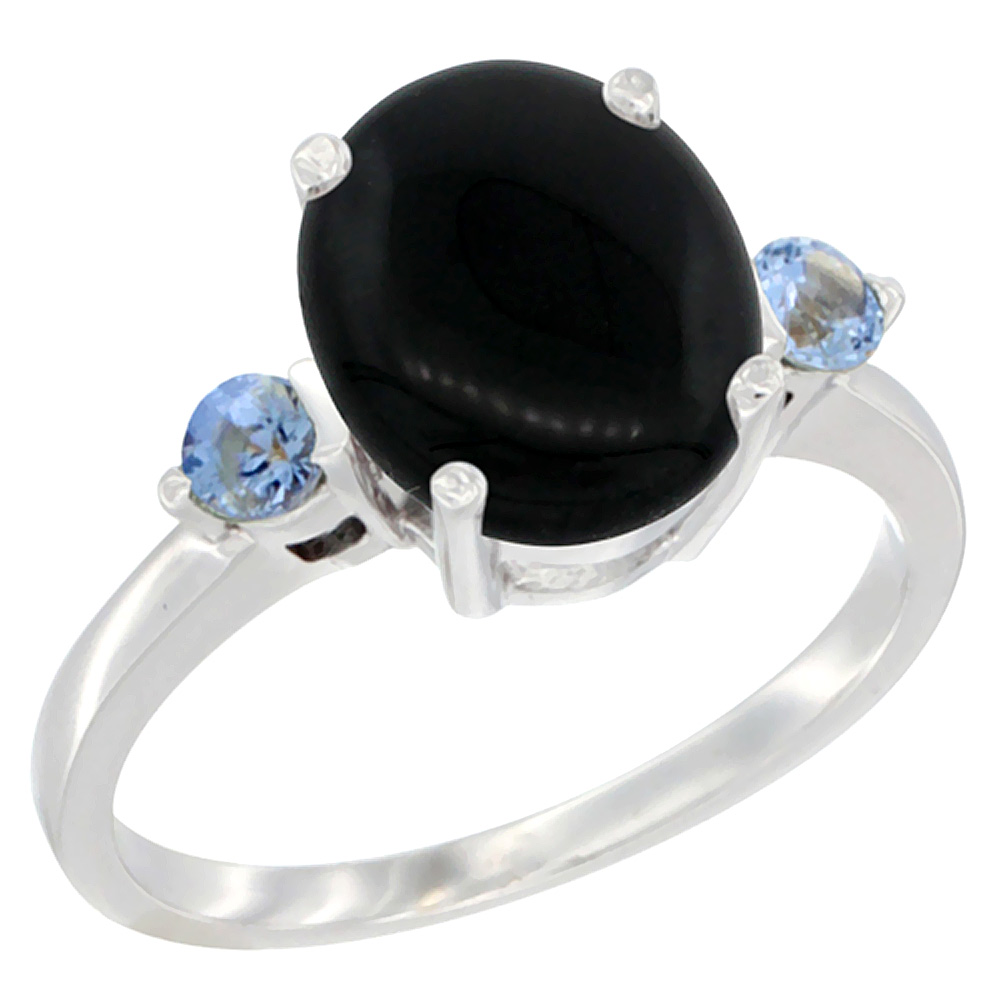 10K White Gold 10x8mm Oval Natural Black Onyx Ring for Women Light Blue Sapphire Side-stones sizes 5 - 10