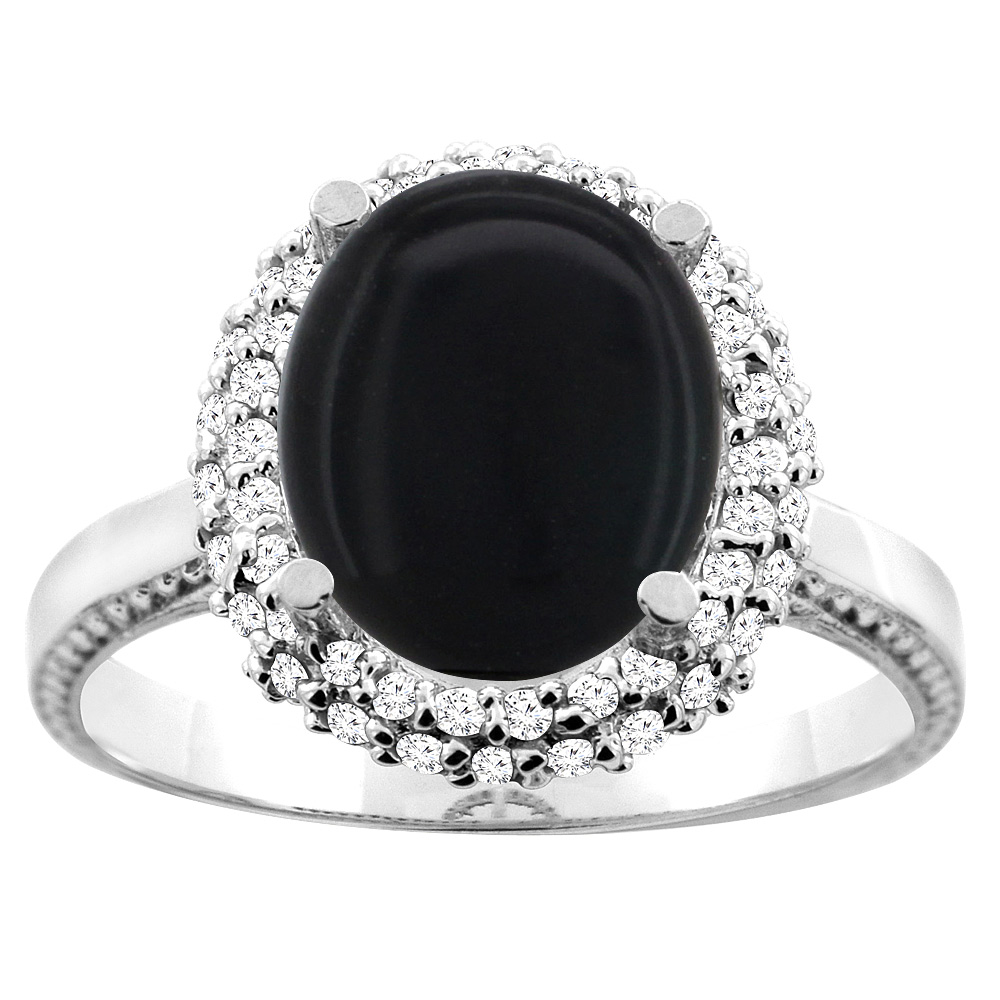 14K White/Yellow Gold Natural Black Onyx Double Halo Ring Oval 10x8mm Diamond Accent, sizes 5 - 10