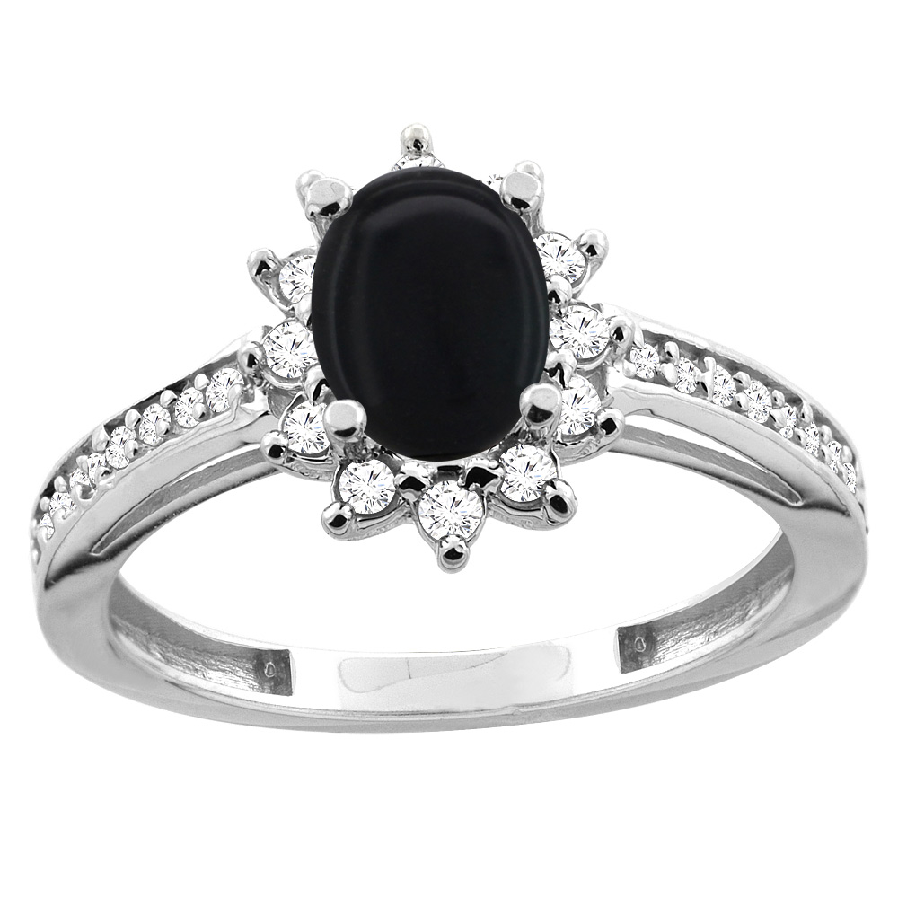 14K White/Yellow Gold Diamond Natural Black Onyx Floral Halo Engagement Ring Oval 7x5mm, sizes 5 - 10