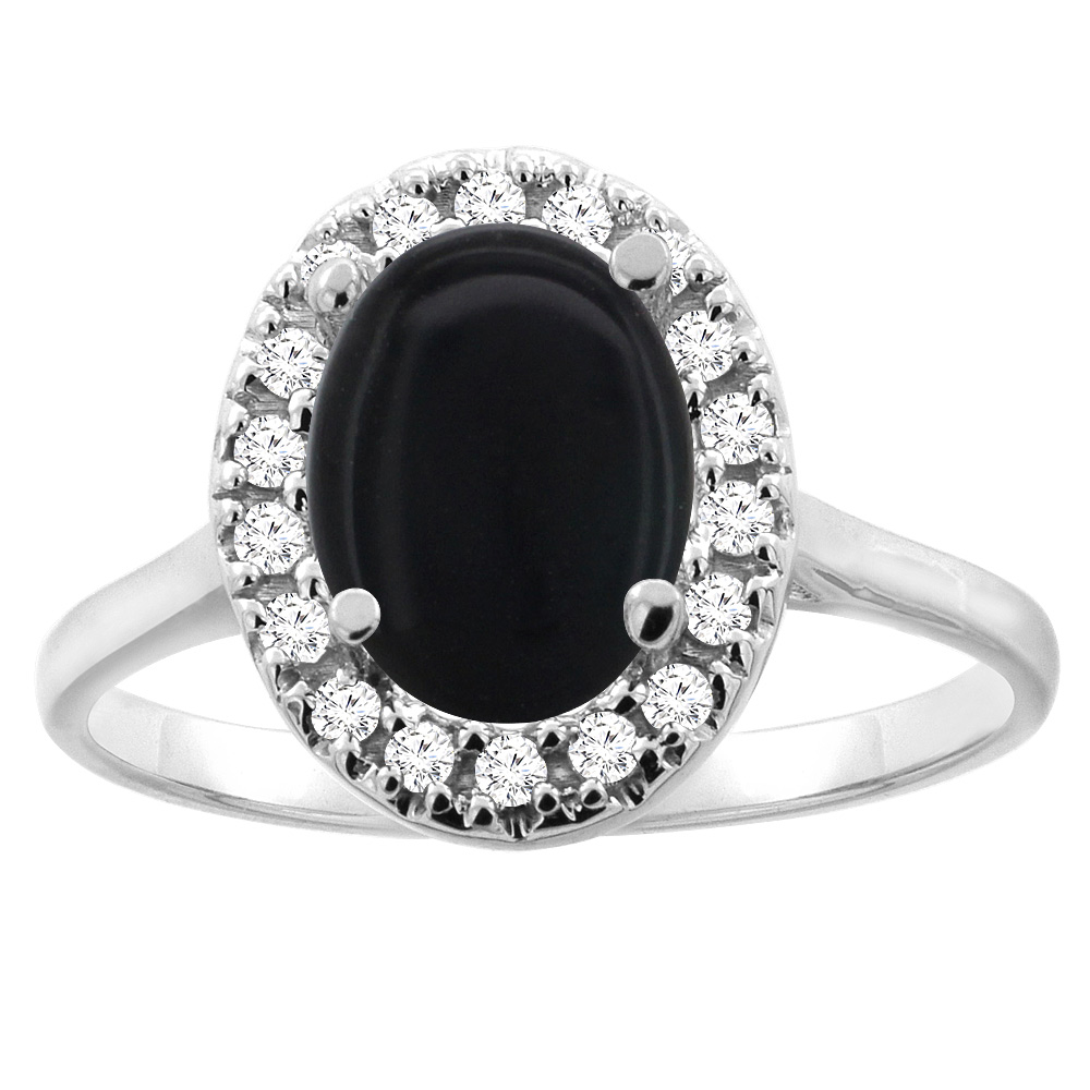 14K Gold Natural Black Onyx Halo Ring Oval 9x7mm Diamond Accent, sizes 5 - 10