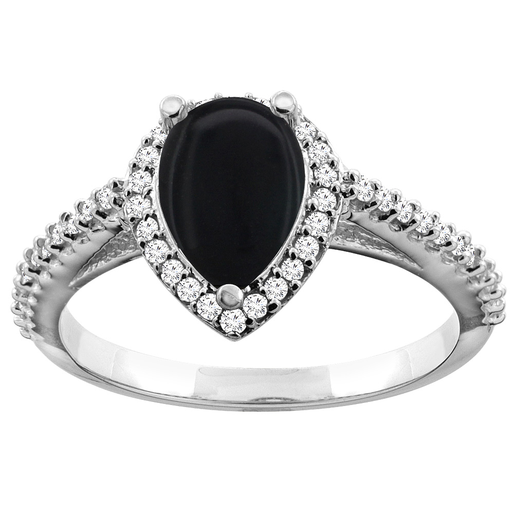 14K White Gold Natural Black Onyx Ring Pear 9x7mm Diamond Accents, sizes 5 - 10