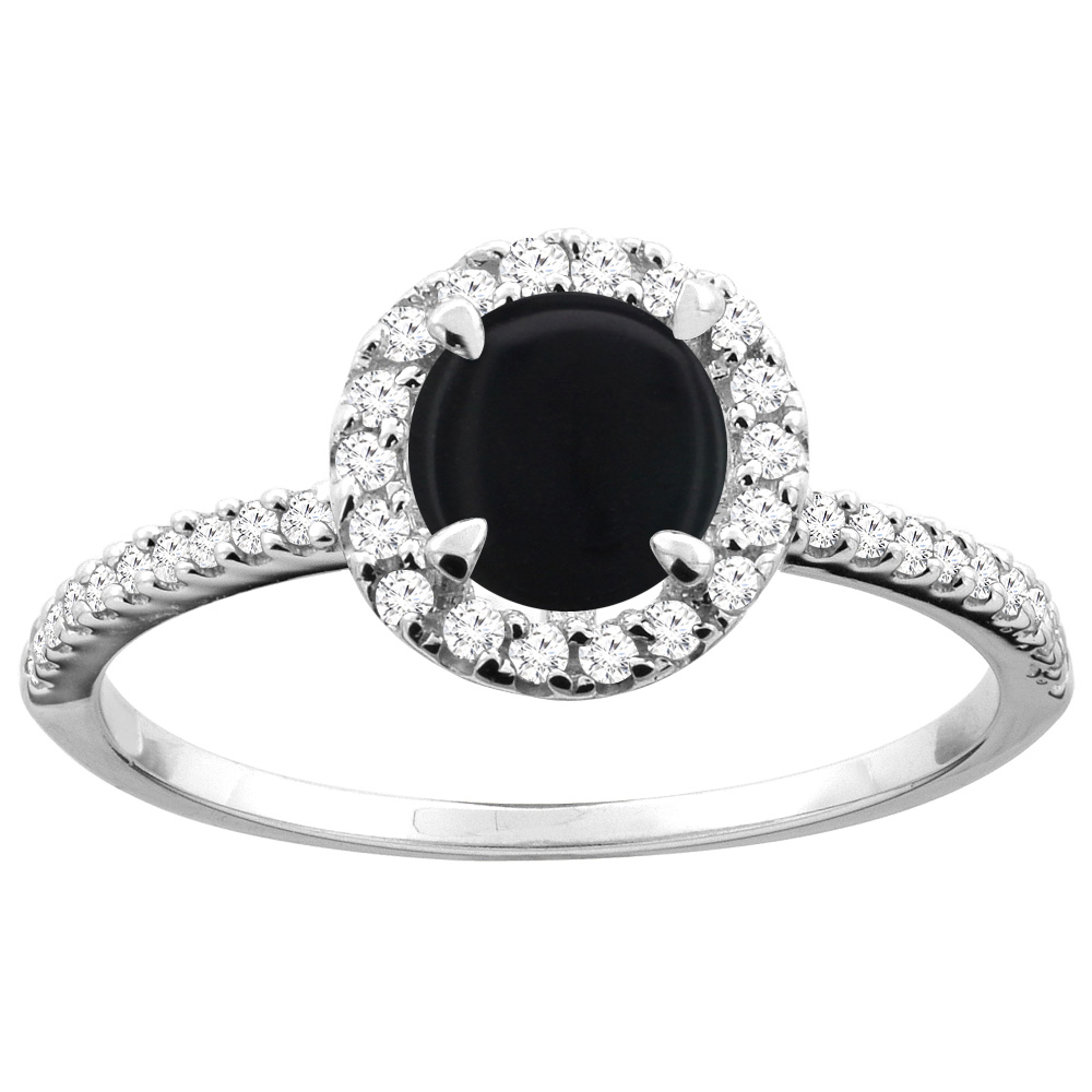14K Gold Natural Black Onyx Ring Round 6mm Diamond Accents, sizes 5 - 10