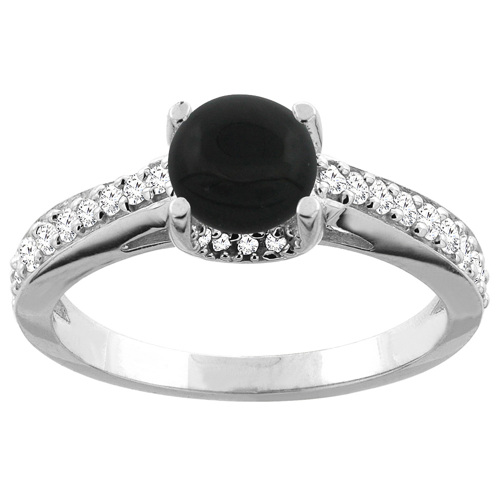 14K White/Yellow Gold Natural Black Onyx Ring Round 6mm Diamond Accents 1/4 inch wide, sizes 5 - 10