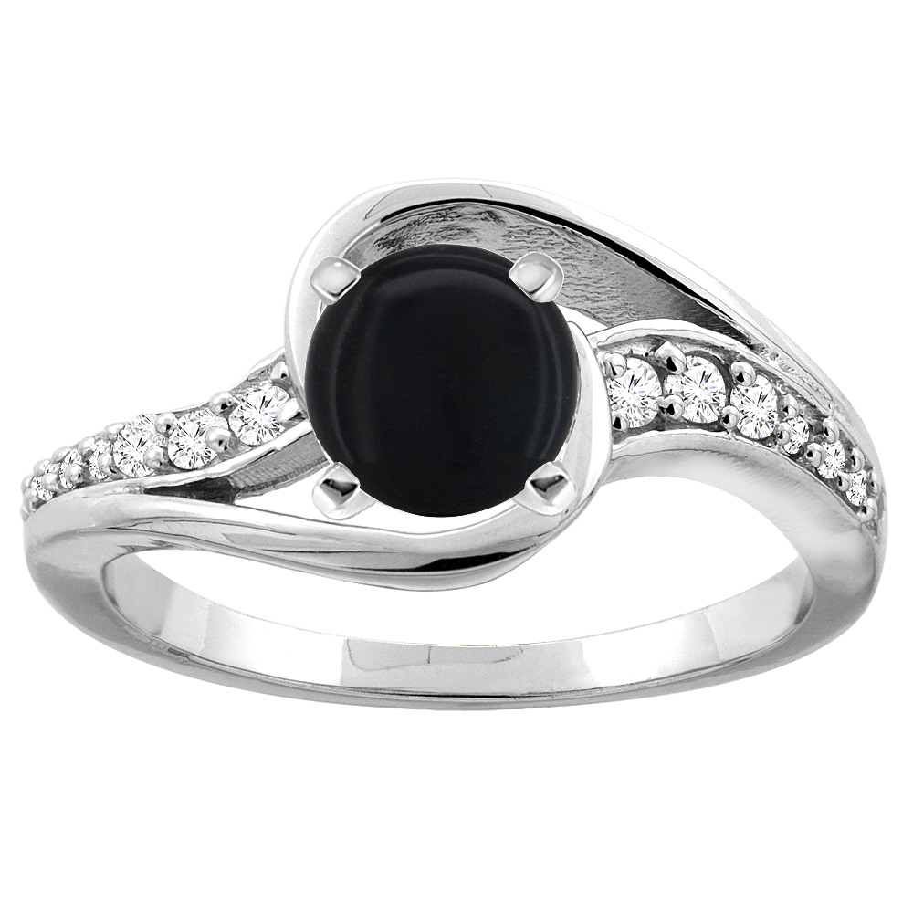 10K White/Yellow Gold Natural Black Onyx Bypass Ring Round 6mm Diamond Accent, sizes 5 - 10