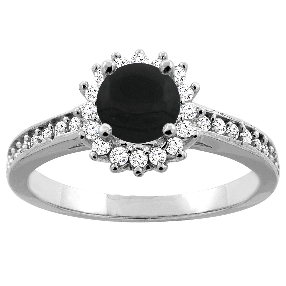 14K Gold Natural Black Onyx Floral Halo Diamond Engagement Ring Round 6mm, sizes 5 - 10