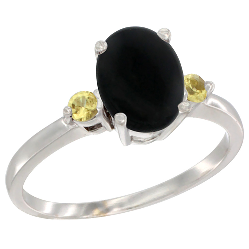 10K White Gold Natural Black Onyx Ring Oval 9x7 mm Yellow Sapphire Accent, sizes 5 to 10
