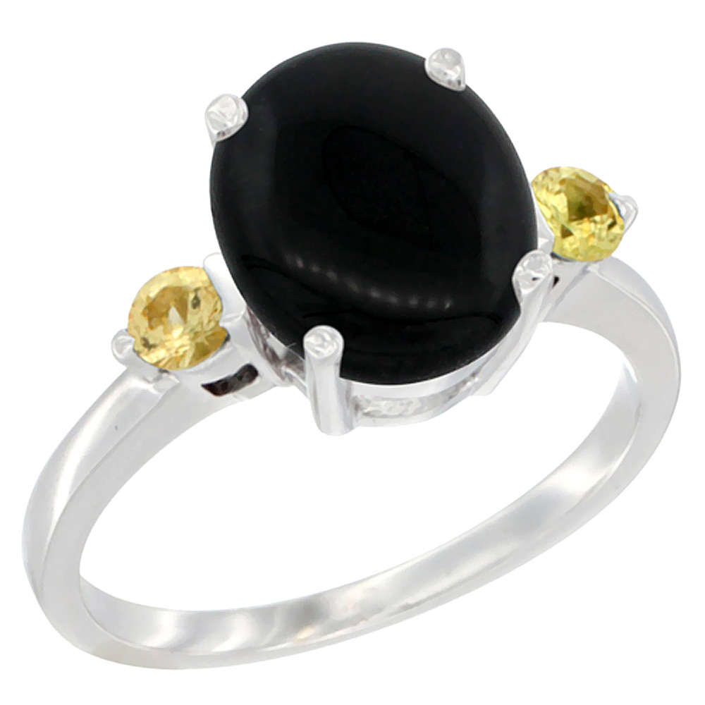 14K White Gold 10x8mm Oval Natural Black Onyx Ring for Women Yellow Sapphire Side-stones sizes 5 - 10