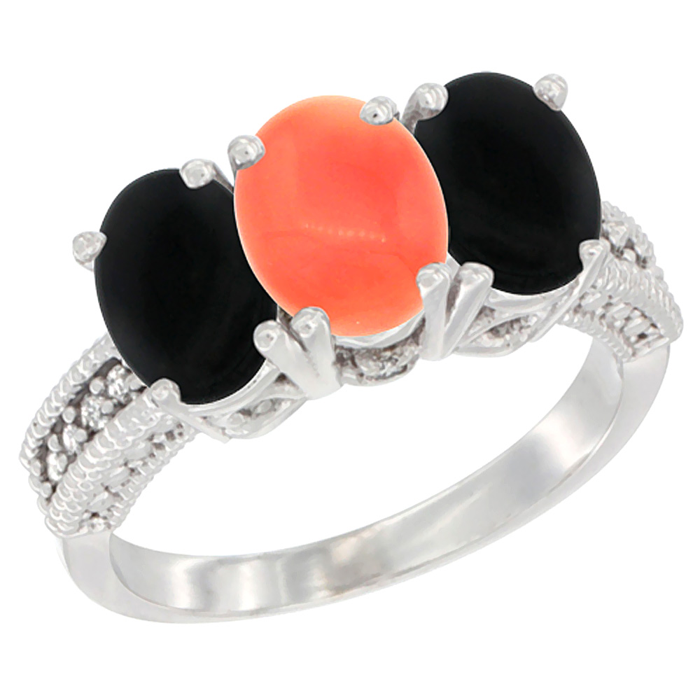 14K White Gold Natural Coral &amp; Black Onyx Sides Ring 3-Stone 7x5 mm Oval Diamond Accent, sizes 5 - 10
