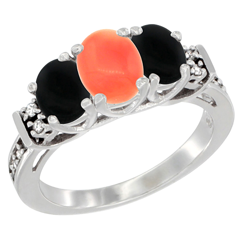 10K White Gold Natural Coral & Black Onyx Ring 3-Stone Oval Diamond Accent, sizes 5-10