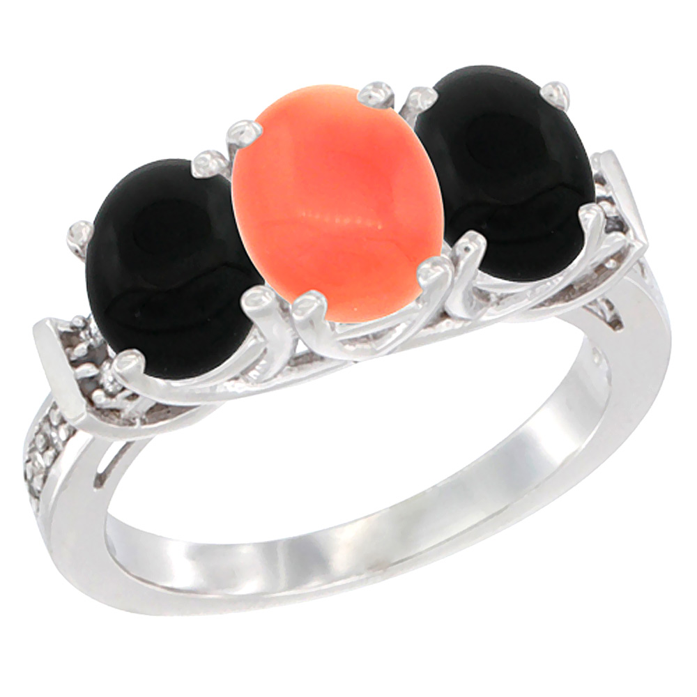 10K White Gold Natural Coral & Black Onyx Sides Ring 3-Stone Oval Diamond Accent, sizes 5 - 10