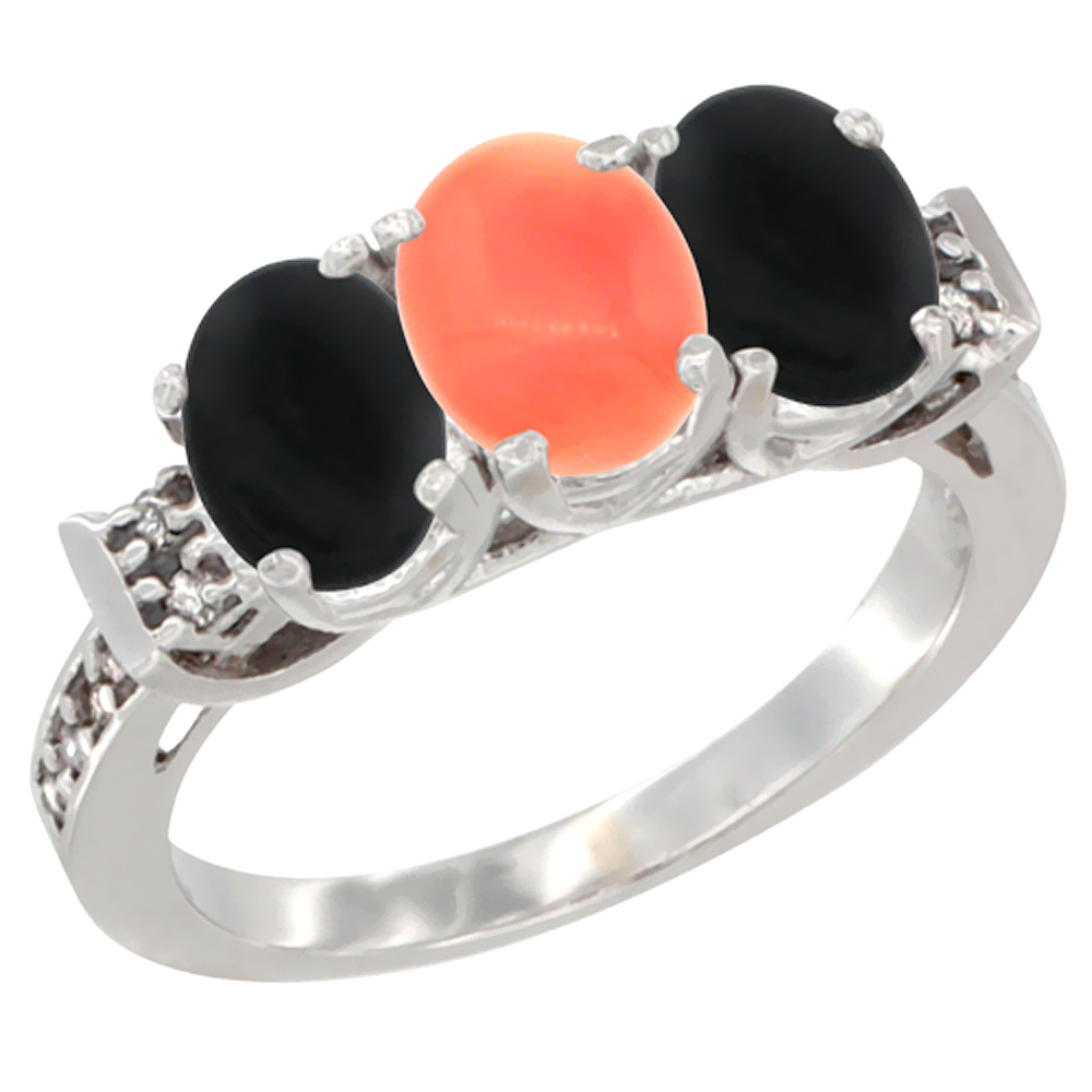 14K White Gold Natural Coral &amp; Black Onyx Sides Ring 3-Stone Oval 7x5 mm Diamond Accent, sizes 5 - 10