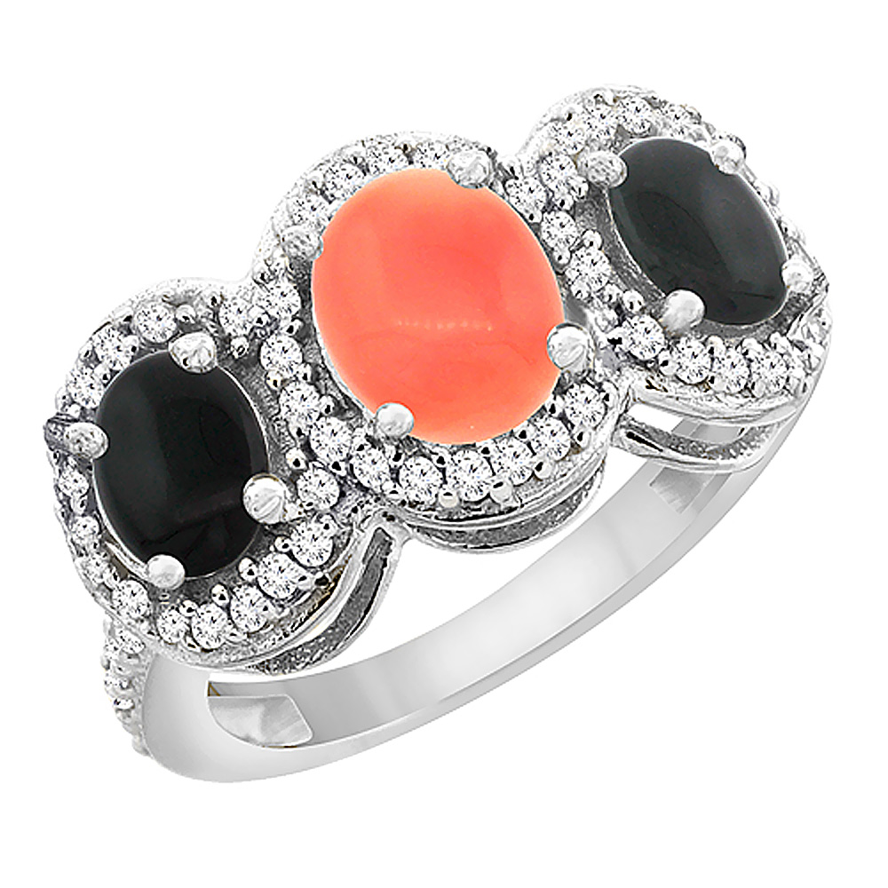 14K White Gold Natural Coral & Black Onyx 3-Stone Ring Oval Diamond Accent, sizes 5 - 10