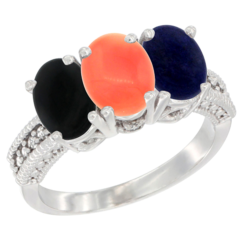14K White Gold Natural Black Onyx, Coral &amp; Lapis Ring 3-Stone 7x5 mm Oval Diamond Accent, sizes 5 - 10