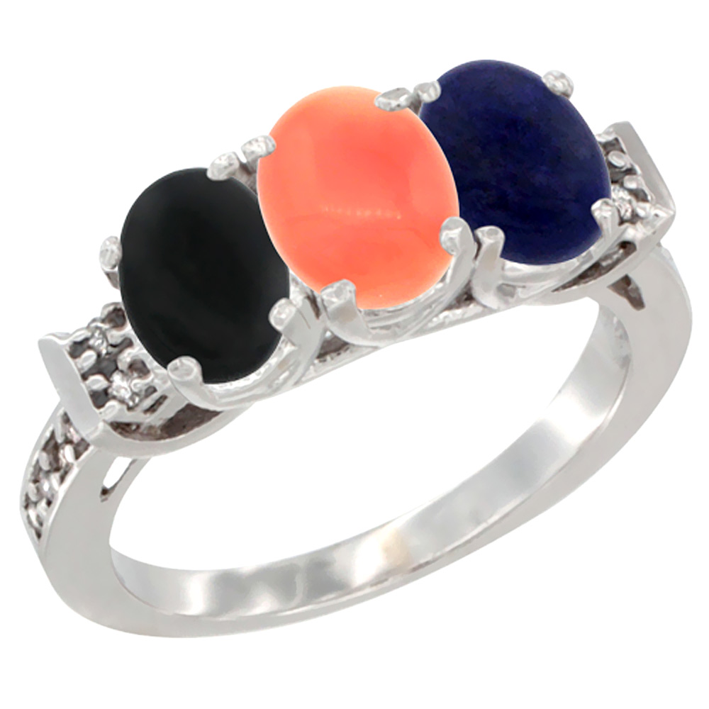 14K White Gold Natural Black Onyx, Coral &amp; Lapis Ring 3-Stone Oval 7x5 mm Diamond Accent, sizes 5 - 10