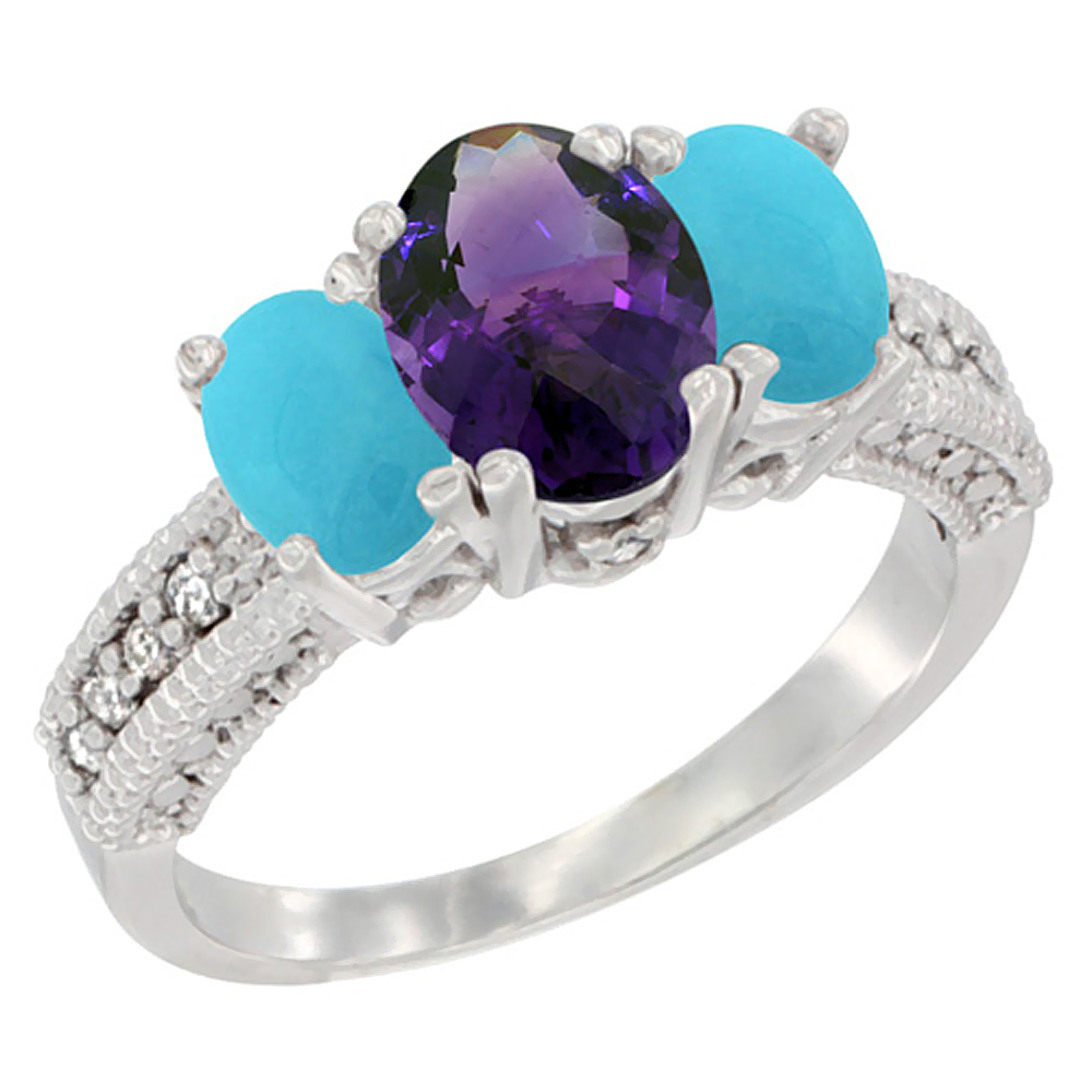 10K White Gold Diamond Natural Amethyst Ring Oval 3-stone with Turquoise, sizes 5 - 10
