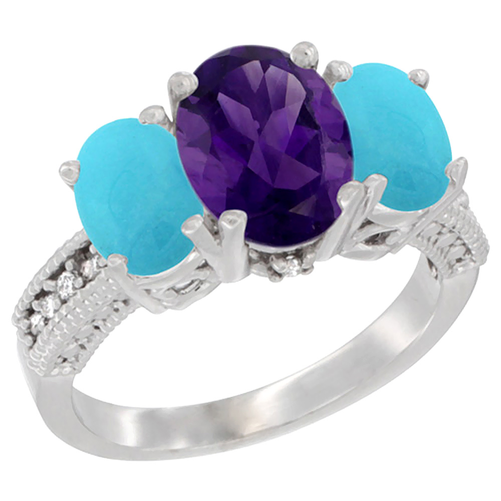 10K White Gold Diamond Natural Amethyst Ring 3-Stone Oval 8x6mm with Turquoise, sizes5-10