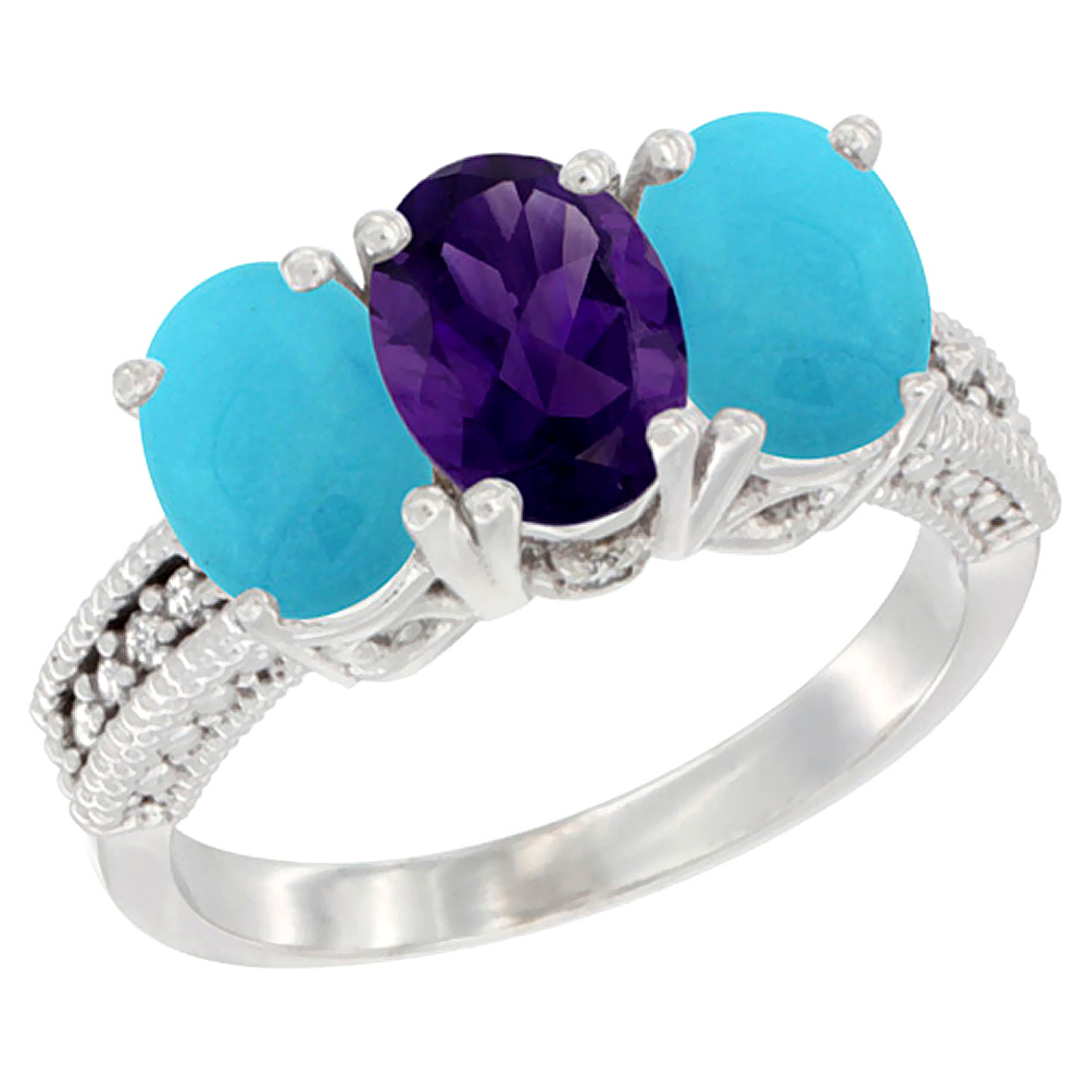 14K White Gold Natural Amethyst & Turquoise Sides Ring 3-Stone 7x5 mm Oval Diamond Accent, sizes 5 - 10