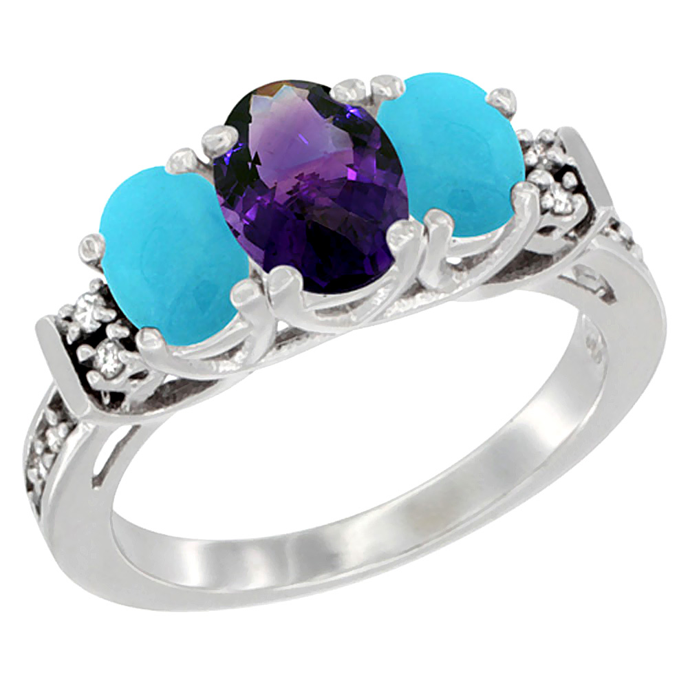 14K White Gold Natural Amethyst & Turquoise Ring 3-Stone Oval Diamond Accent, sizes 5-10
