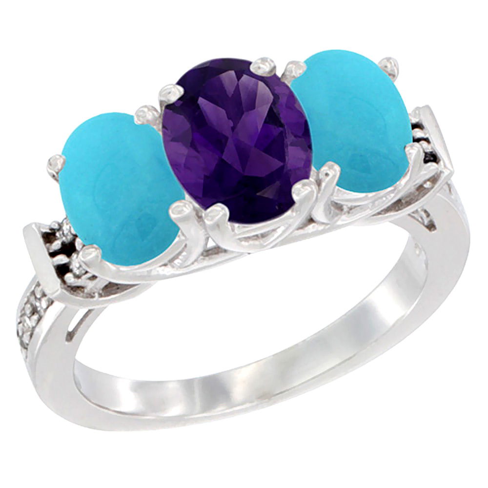 14K White Gold Natural Amethyst &amp; Turquoise Sides Ring 3-Stone Oval Diamond Accent, sizes 5 - 10