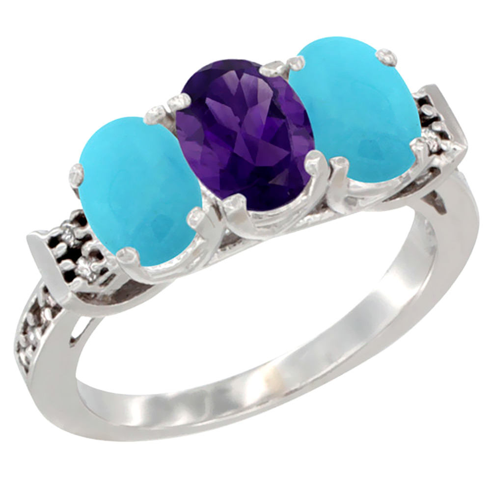 14K White Gold Natural Amethyst &amp; Turquoise Sides Ring 3-Stone Oval 7x5 mm Diamond Accent, sizes 5 - 10