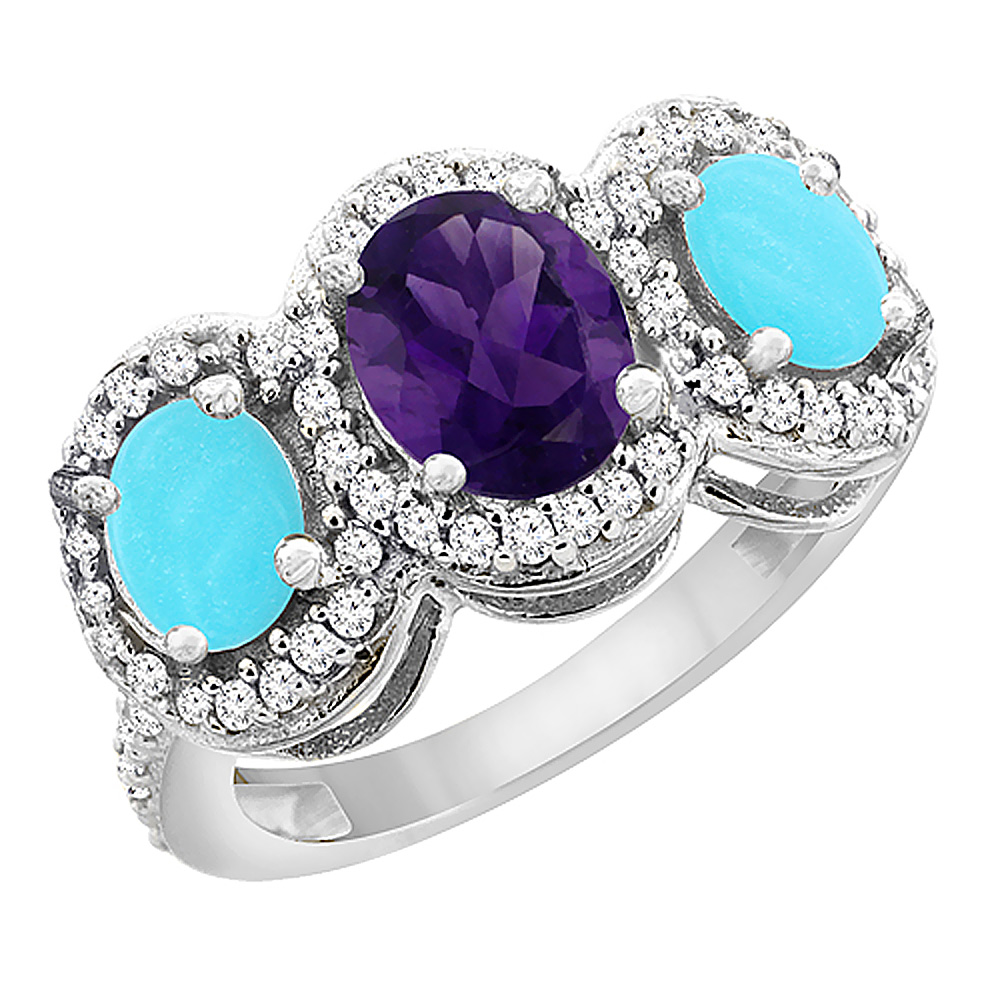 14K White Gold Natural Amethyst & Turquoise 3-Stone Ring Oval Diamond Accent, sizes 5 - 10