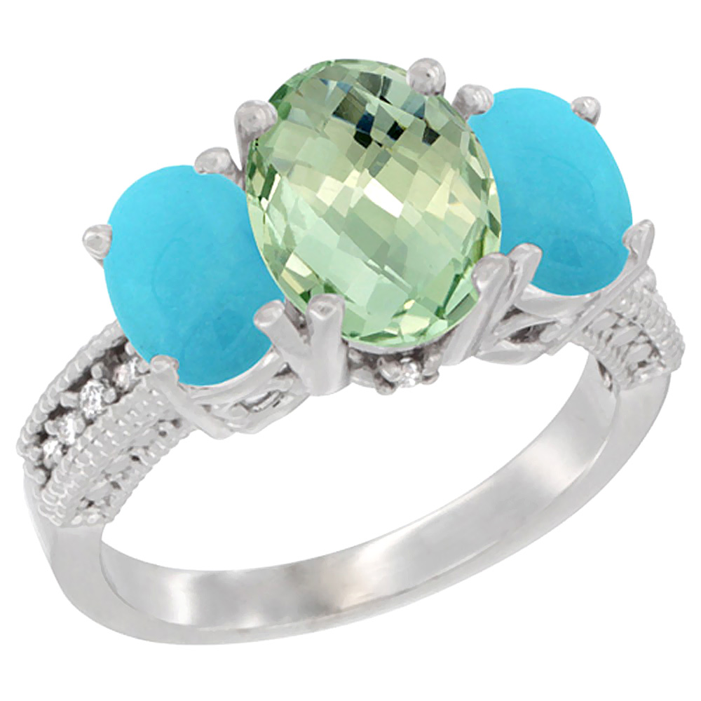 10K White Gold Diamond Natural Green Amethyst Ring 3-Stone Oval 8x6mm with Turquoise, sizes5-10