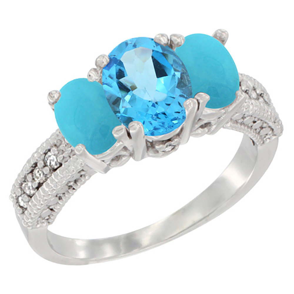 14K White Gold Diamond Natural Swiss Blue Topaz Ring Oval 3-stone with Turquoise, sizes 5 - 10