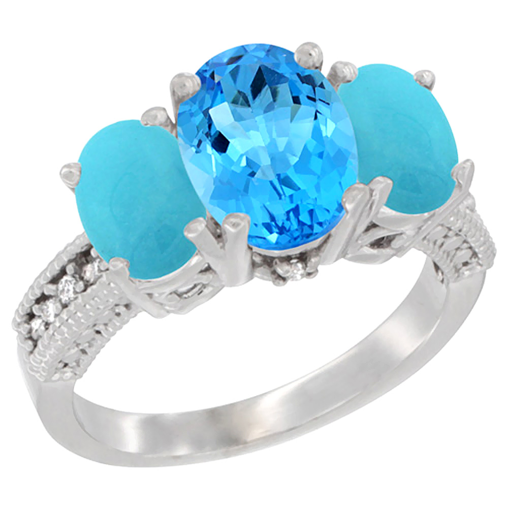 14K White Gold Diamond Natural Swiss Blue Topaz Ring 3-Stone Oval 8x6mm with Turquoise, sizes5-10