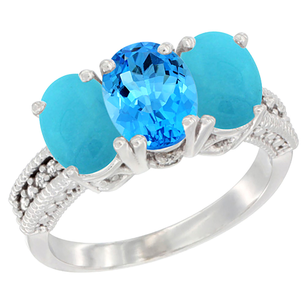 14K White Gold Natural Swiss Blue Topaz &amp; Turquoise Sides Ring 3-Stone 7x5 mm Oval Diamond Accent, sizes 5 - 10