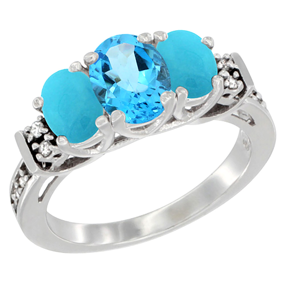 14K White Gold Natural Swiss Blue Topaz &amp; Turquoise Ring 3-Stone Oval Diamond Accent, sizes 5-10