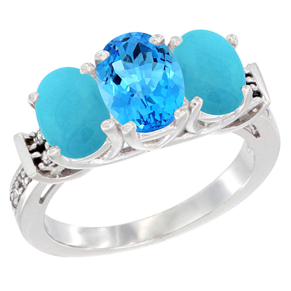 14K White Gold Natural Swiss Blue Topaz &amp; Turquoise Sides Ring 3-Stone Oval Diamond Accent, sizes 5 - 10