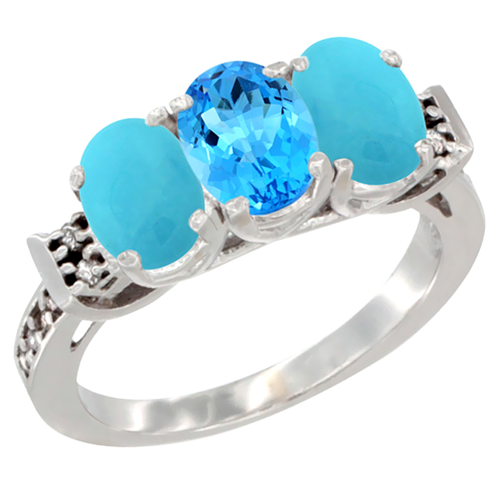 10K White Gold Natural Swiss Blue Topaz &amp; Turquoise Sides Ring 3-Stone Oval 7x5 mm Diamond Accent, sizes 5 - 10
