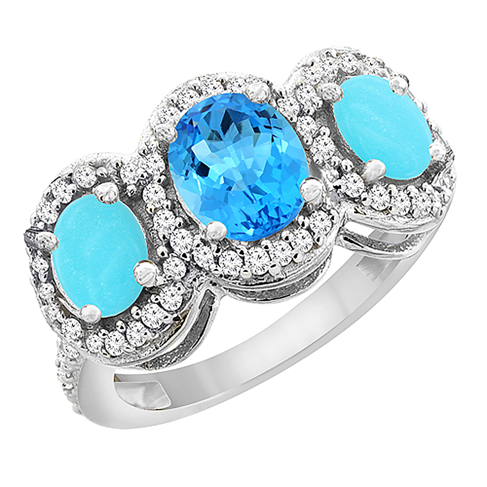 10K White Gold Natural Swiss Blue Topaz & Turquoise 3-Stone Ring Oval Diamond Accent, sizes 5 - 10