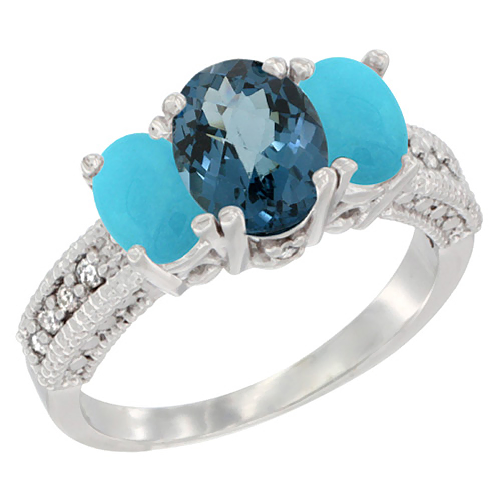 14K White Gold Diamond Natural London Blue Topaz Ring Oval 3-stone with Turquoise, sizes 5 - 10