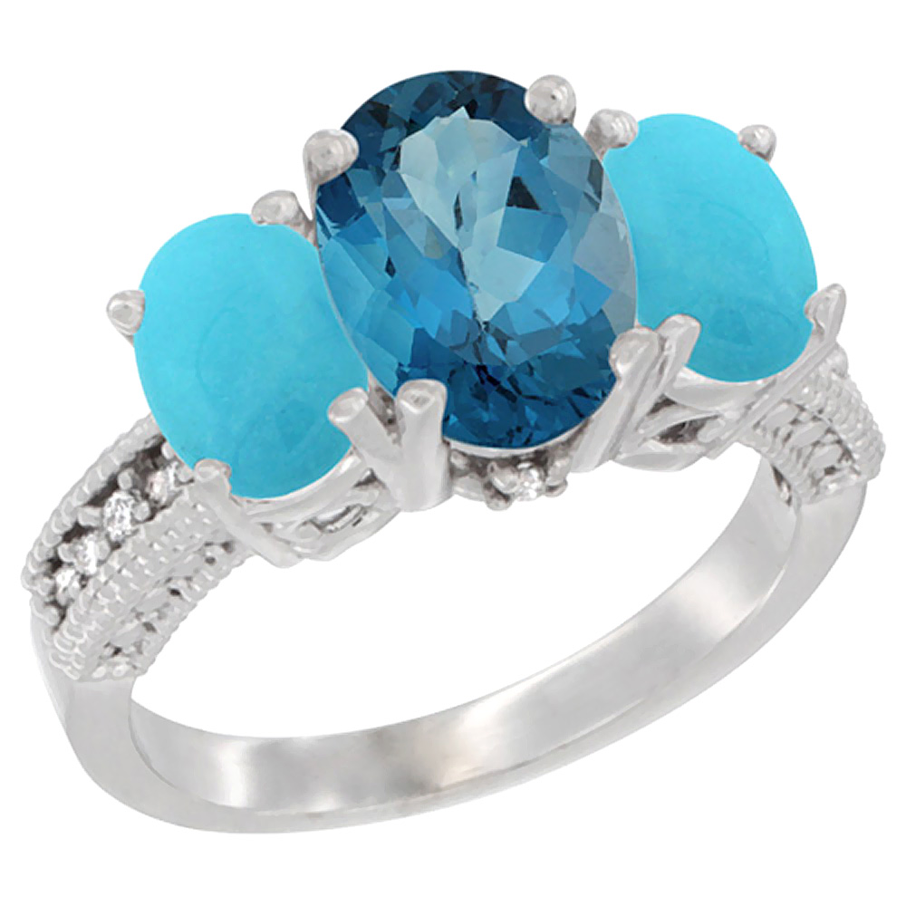 14K White Gold Diamond Natural London Blue Topaz Ring 3-Stone Oval 8x6mm with Turquoise, sizes5-10
