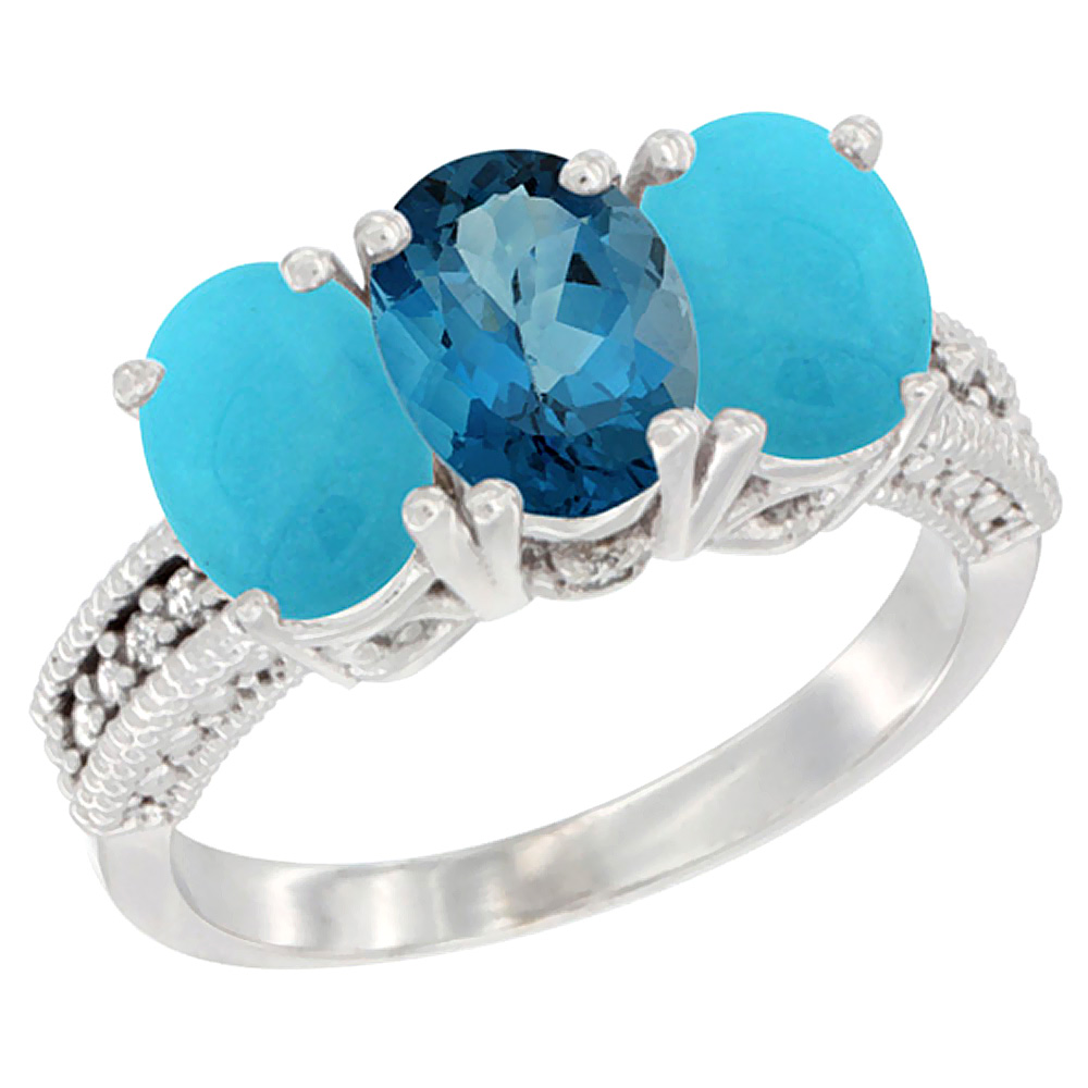 14K White Gold Natural London Blue Topaz & Turquoise Sides Ring 3-Stone 7x5 mm Oval Diamond Accent, sizes 5 - 10