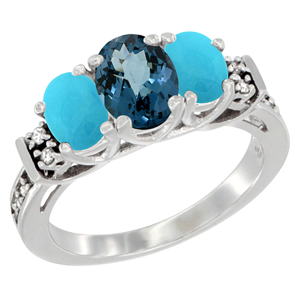 14K White Gold Natural London Blue Topaz & Turquoise Ring 3-Stone Oval Diamond Accent, sizes 5-10
