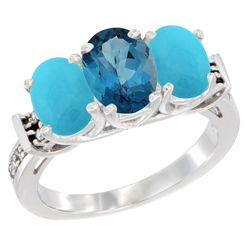10K White Gold Natural London Blue Topaz &amp; Turquoise Sides Ring 3-Stone Oval Diamond Accent, sizes 5 - 10