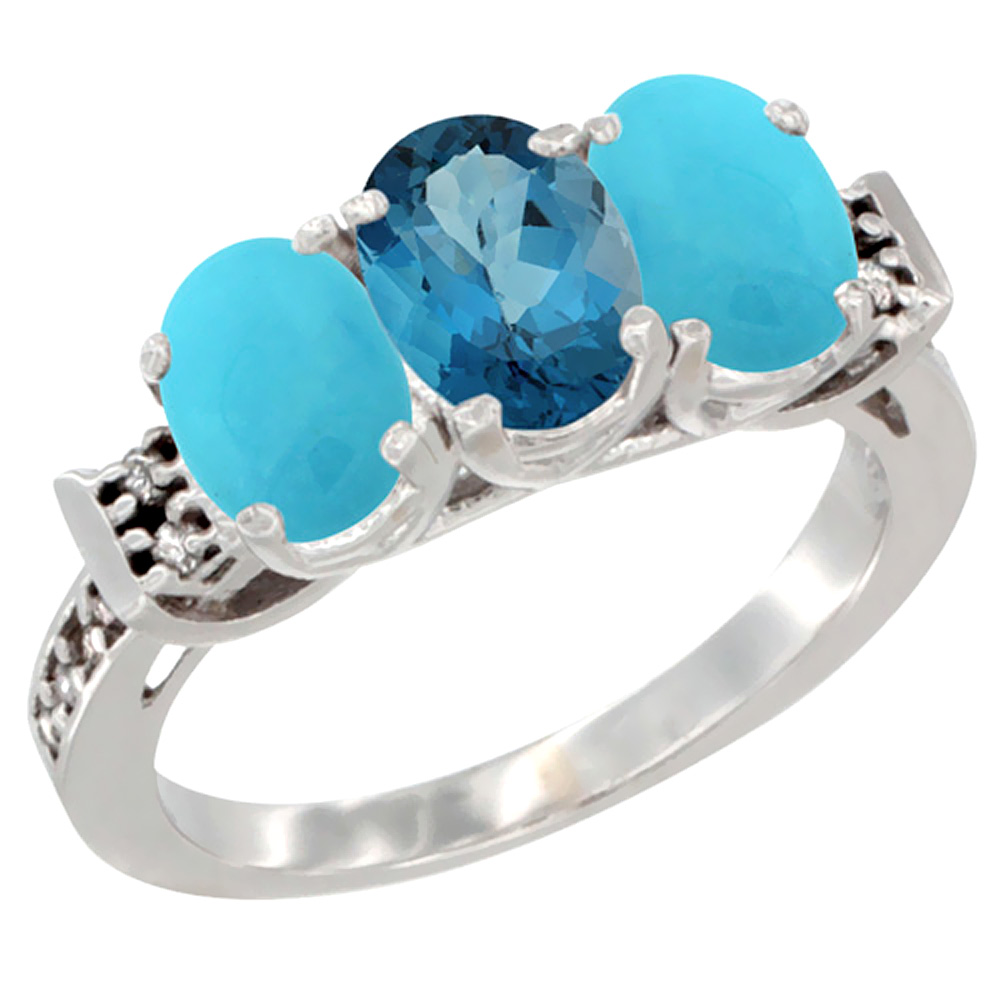 10K White Gold Natural London Blue Topaz &amp; Turquoise Sides Ring 3-Stone Oval 7x5 mm Diamond Accent, sizes 5 - 10