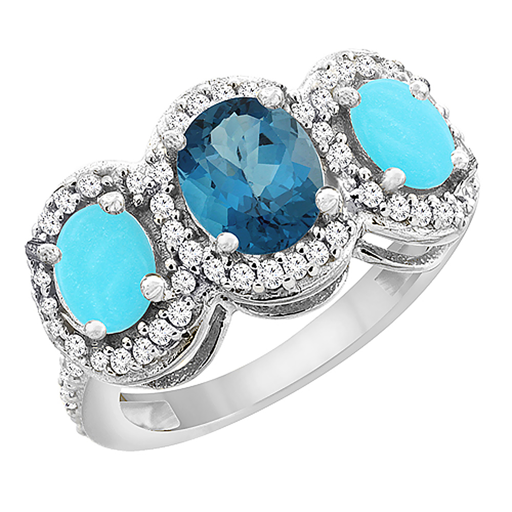 14K White Gold Natural London Blue Topaz & Turquoise 3-Stone Ring Oval Diamond Accent, sizes 5 - 10