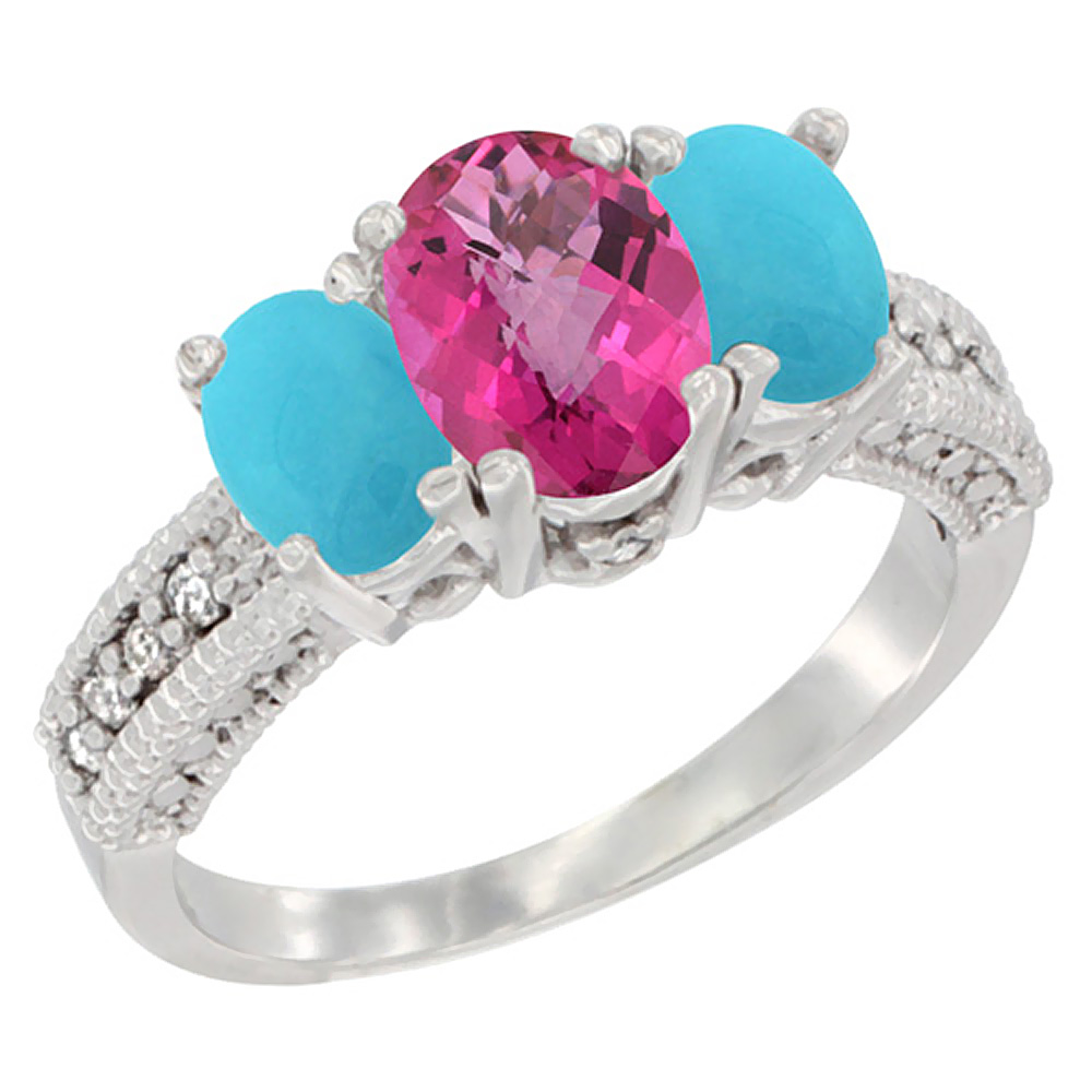 10K White Gold Diamond Natural Pink Topaz Ring Oval 3-stone with Turquoise, sizes 5 - 10
