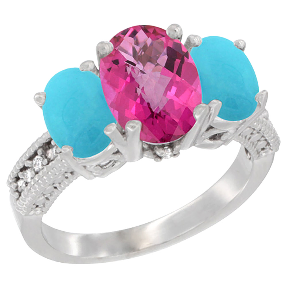 14K White Gold Diamond Natural Pink Topaz Ring 3-Stone Oval 8x6mm with Turquoise, sizes5-10
