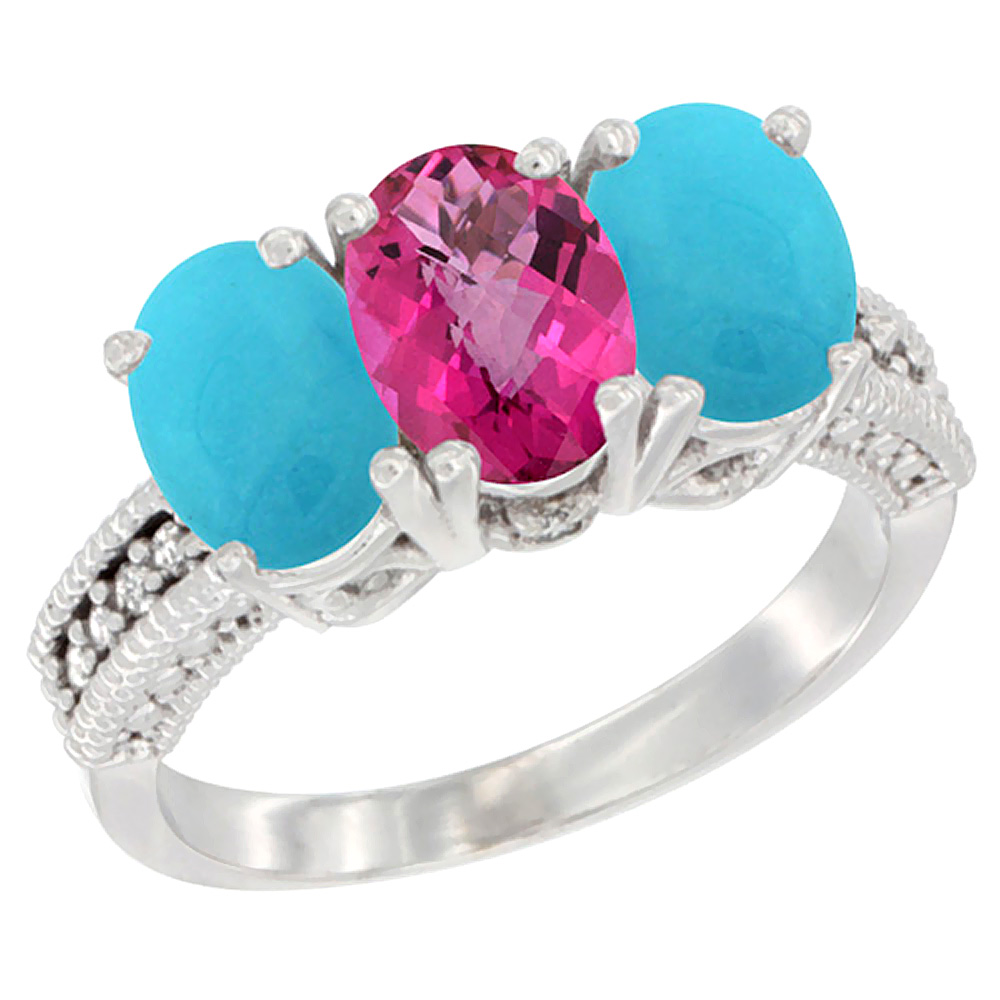 14K White Gold Natural Pink Topaz & Turquoise Sides Ring 3-Stone 7x5 mm Oval Diamond Accent, sizes 5 - 10